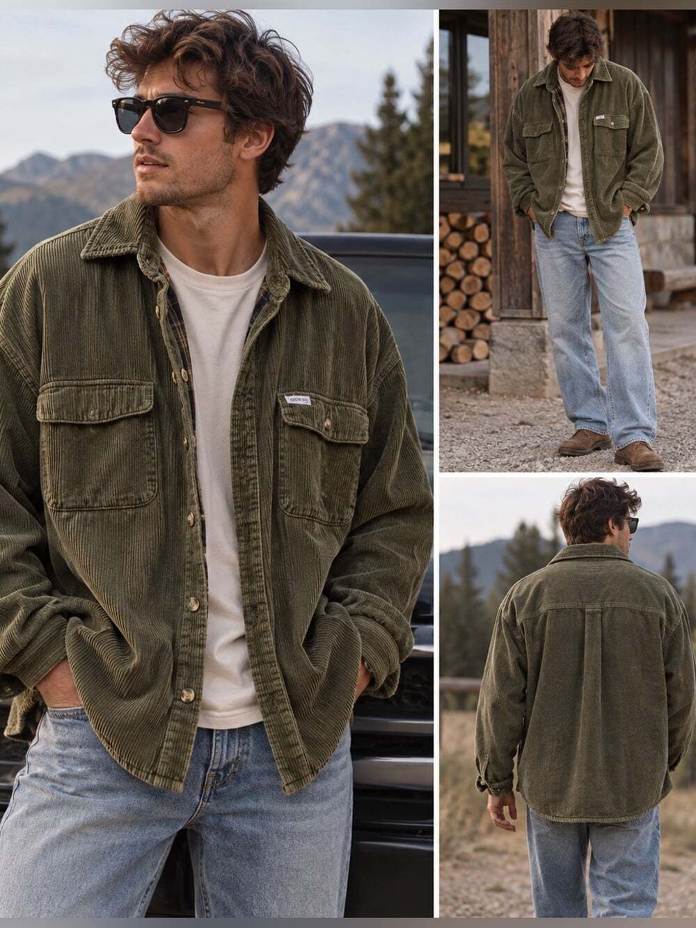 90s Guess Jeans USA Olive Green Corduroy Overshirt Jacket XXL Plaid Grunge